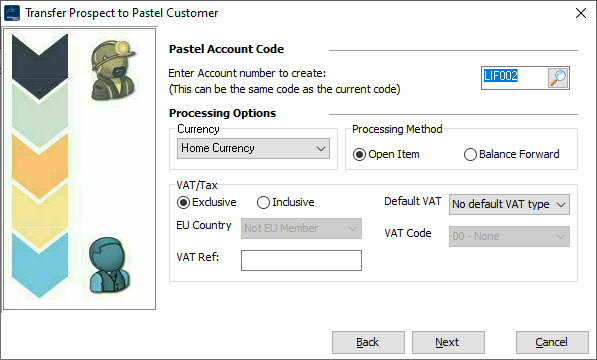 The suggested customer account will be displayed, set the processing methods