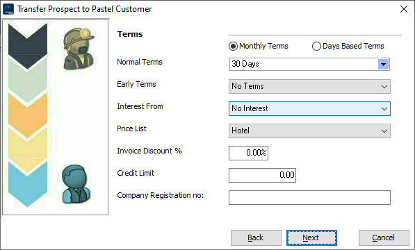 Enter the Customer Terms, pricing and interest details